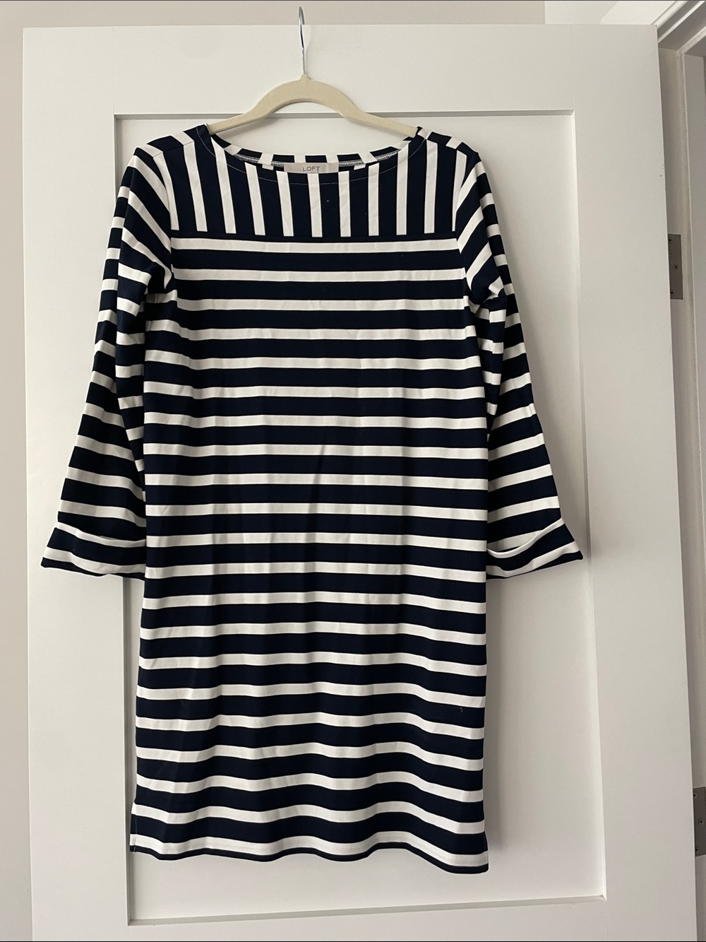 LOFT Navy and White Striped Long Sleeve Shift Dress
